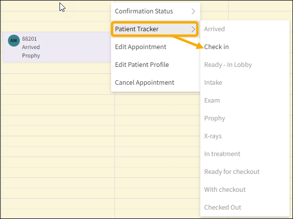 Patient Tracker menu with yellow highlight box around Patient Tracker and a yellow arrow pointing to Check in.